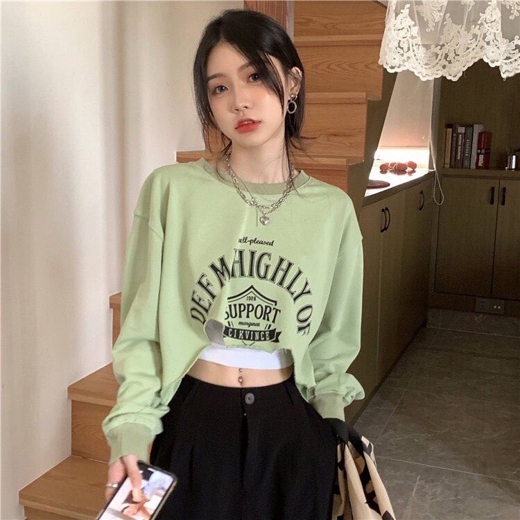 Áo croptop tay dài nỉ  - thu đông, dáng basic