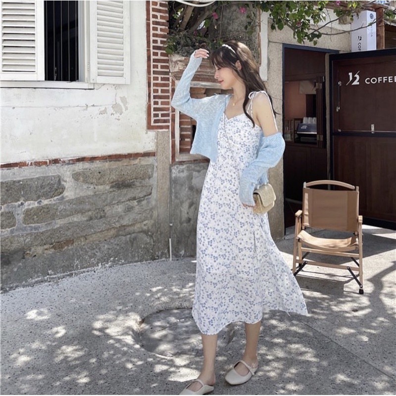 SET ĐẦM MIDI NHÍU NGỰC XẺ HOA KHOÁC XANH