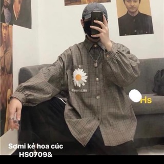 Áo sơmi kẻ xám hoa cúc -HS