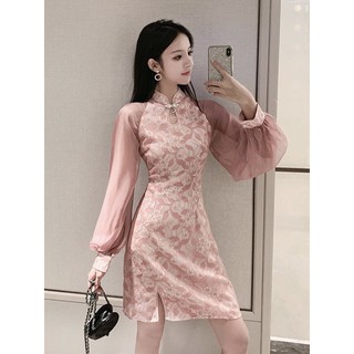 Sườn xám ren hoa tay phồng