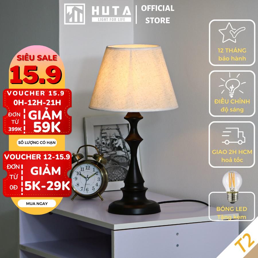 Đèn Ngủ Để Bàn HUTA Điều Chỉnh Độ Sáng, Cao Cấp, Size Lớn Chao Vải Bóng Led Ánh Sáng Vàng, Trang Trí Decor Phòng Ngủ T2
