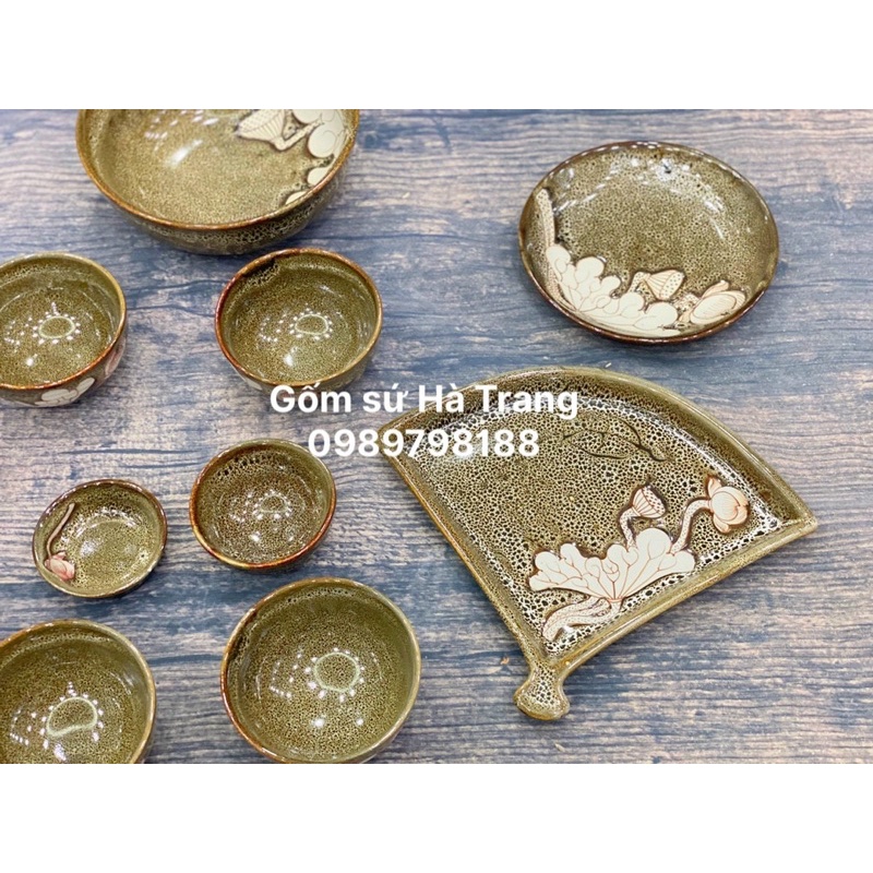 Các món lẻ của bộ bát đĩa gốm sứ Bát Tràng cao cấp men hoả biến gấm khắc sen chìm