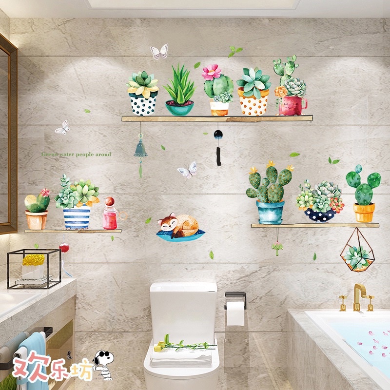 Decal dán tường mẫu chậu cây xương rồng xinh xắn kèm kích thước
