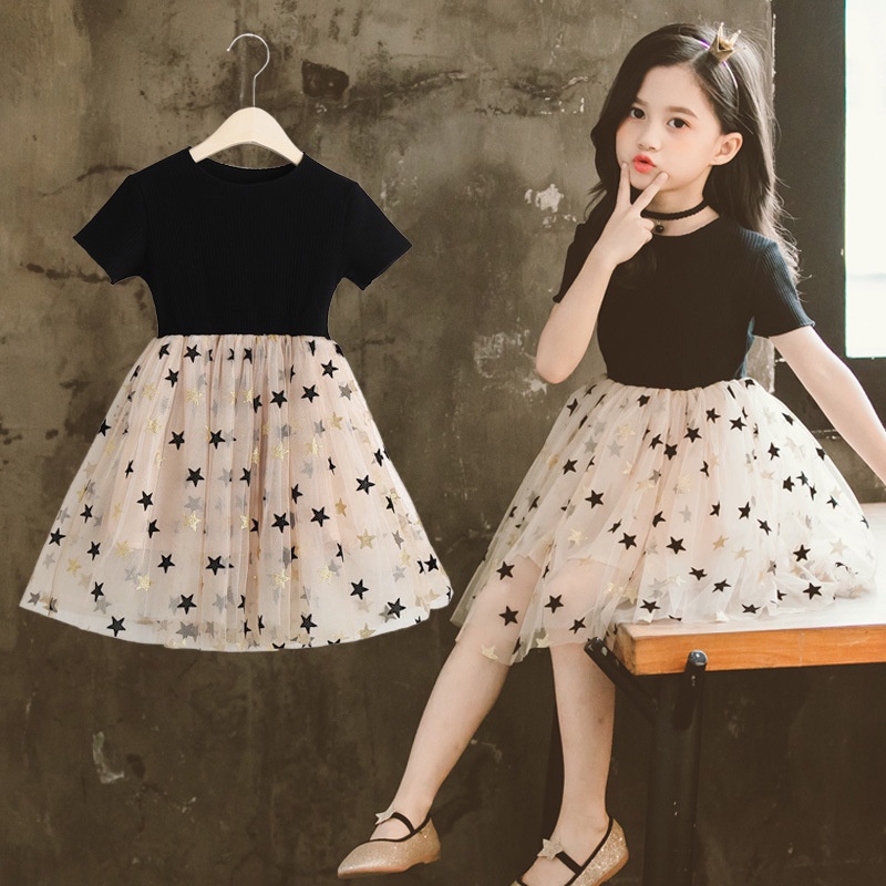 Đầm Công Chúa Tay Ngắn Màu Trơn Họa Tiết Ngôi Sao Năm Cánh Thời Trang Mùa Hè Phong Cách Hàn Quốc Dành Cho Trẻ Em Và Tuổi Teen BWTT