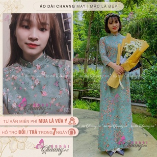 Áo dài hoa nhí xanh rêu ❤️FREESHIP❤️ Áo dài dáng truyền thống loại 2 tà thường
