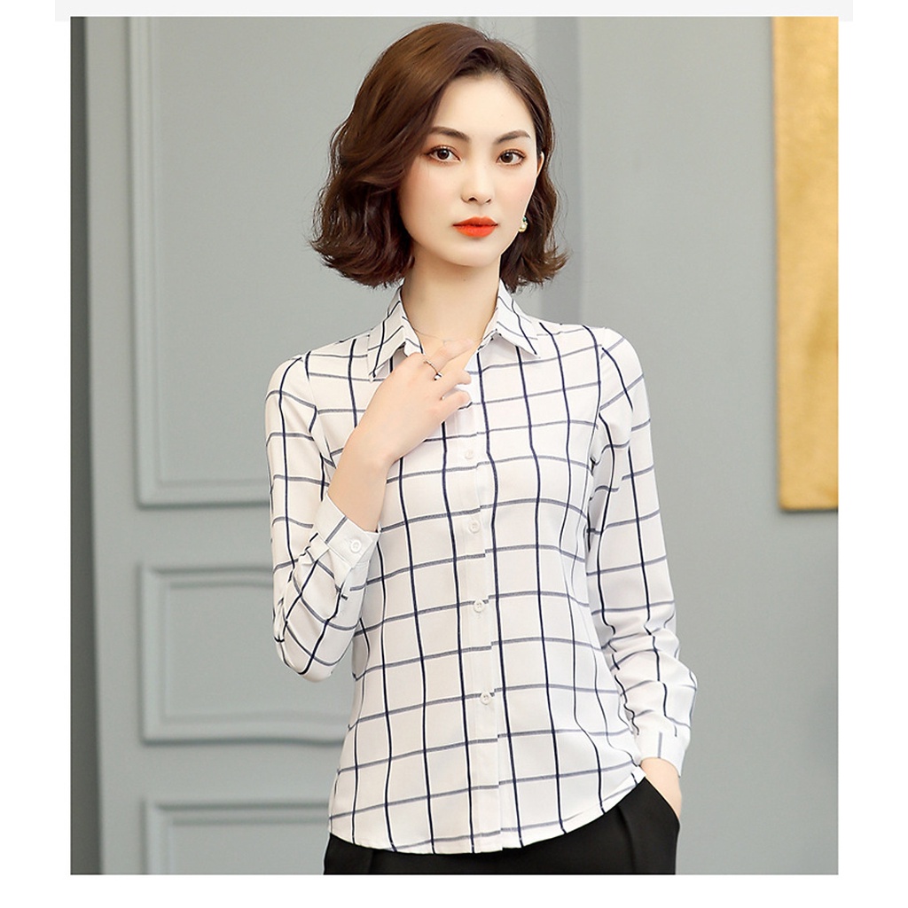 Áo Sơ Mi Nữ Trắng Kẻ Caro, Áo Nữ Công Sở Dài Tay Dáng Đẹp Kiểu Hàn Quốc S11