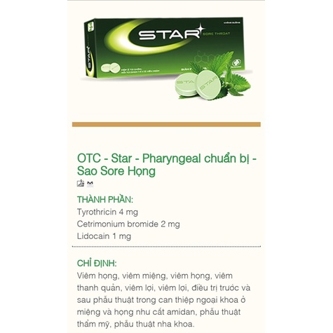 Viên, kẹo ngậm ho, thông mát họng không đường STAR SORE THROAT - màu xanh lá/ xanh dương/cam