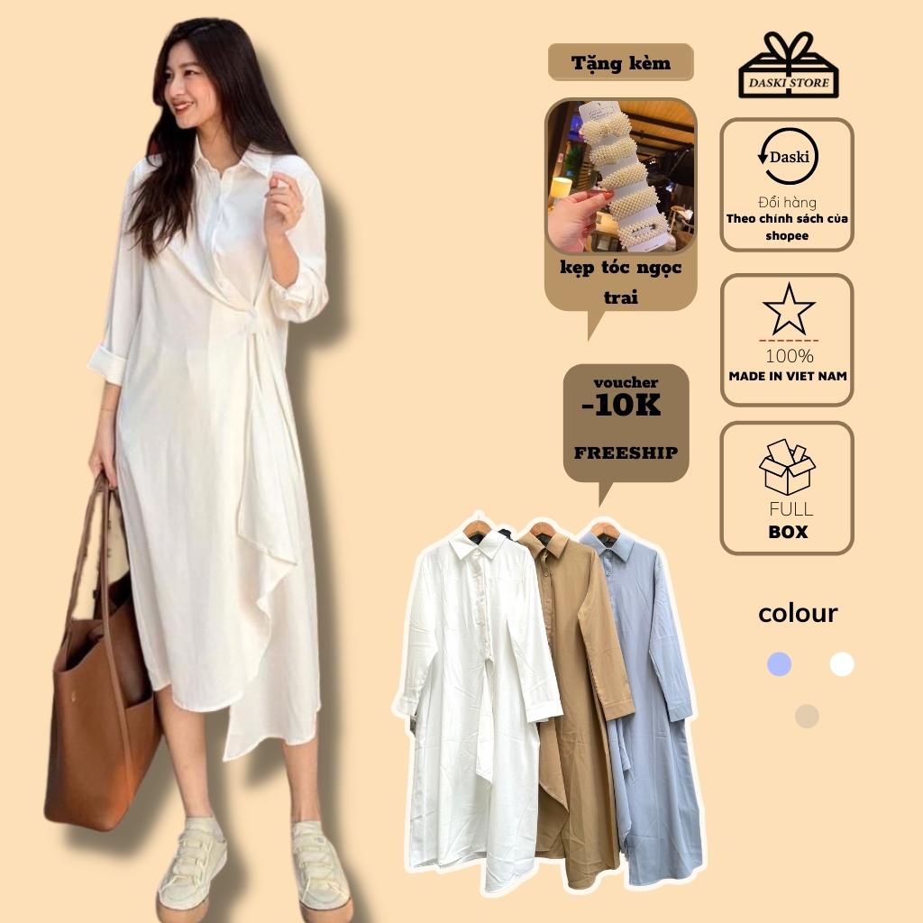 Váy sơ mi trơn cúc lệch, đầm suông cổ bẻ nữ vải vân chéo 3 màu basic free size Daski