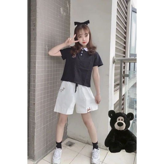 Quần short lưng thun thêu Shiba Inu dễ thương quần ống rộng mùa hè