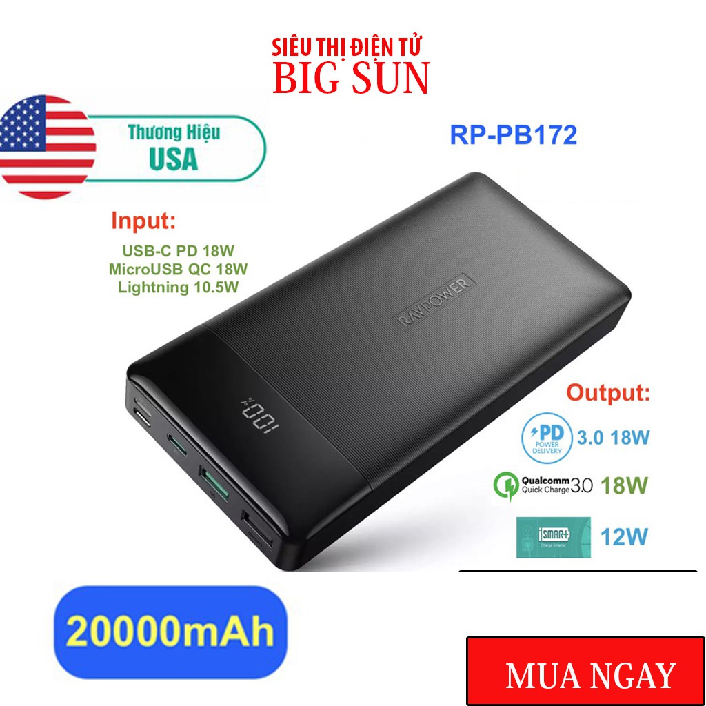 Pin sạc dự phòng RavPower RP-PB172 20000mAh, PD 3.0 18W & QC 3.0 18W- THƯƠNG HIỆU USA- HÀNG CHÍNH HÃNG