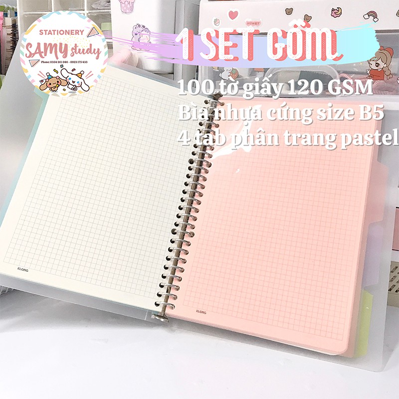 SỔ CÒNG BINDER 26 LỖ SIZE B5 RUỘT CARO 200 TRANG CÓ THỂ REFILL THÊM GIẤY BULLET JOURNAL