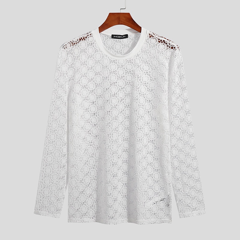 INCERUN Áo Thun Tay Dài Cổ Tròn Phối Ren Xuyên Thấu Thời Trang Cho Nam