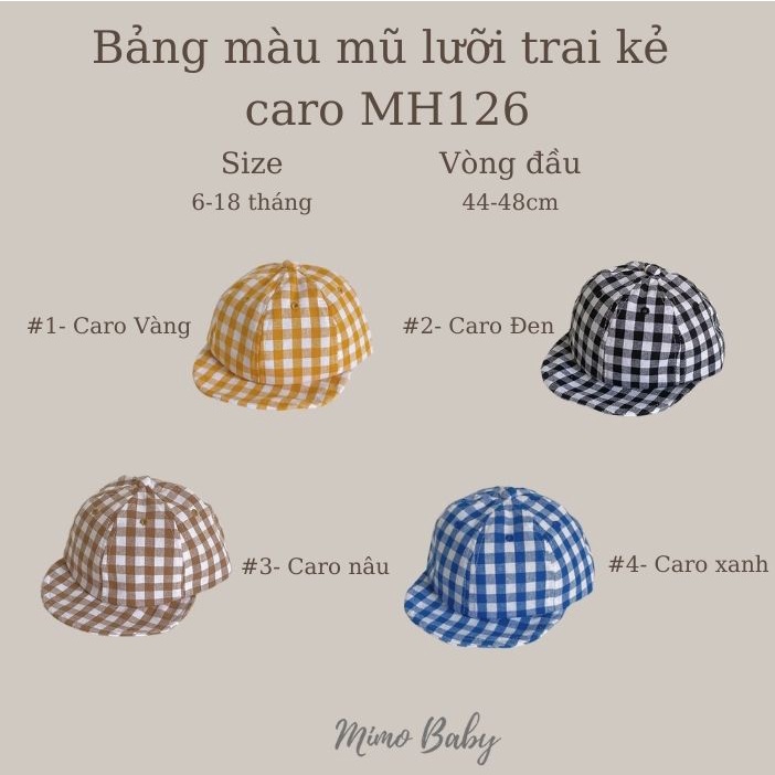 Mũ lưỡi trai mềm họa tiết kẻ caro xinh xắn cho bé MH126 Mimo Baby