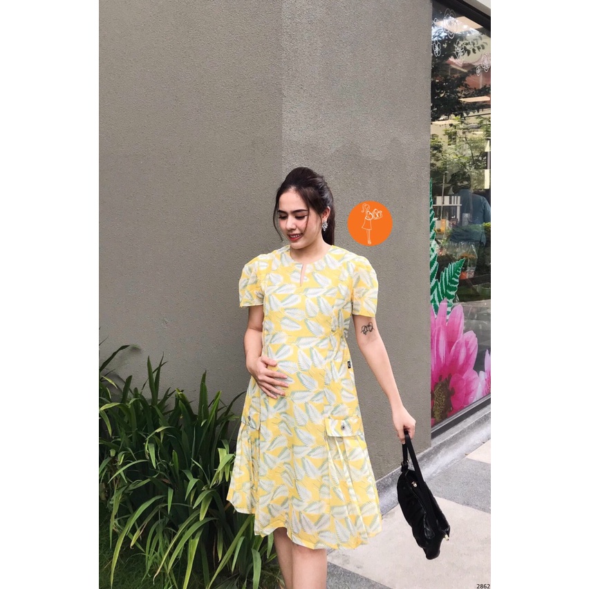 Đầm bầu BUN chất vải voan họa tiết hoa tay phồng siêu xinh - 2862