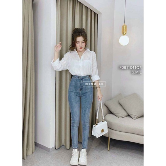 Quần jean dài ôm khuy bấm lưng cao!