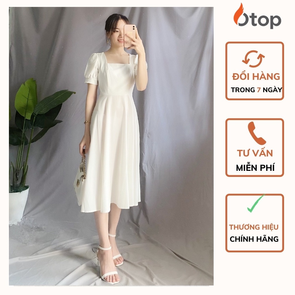 Váy voan lụa xòe cổ vuông thiết kế tay bồng OTOP mã Vaycovuongcoc125