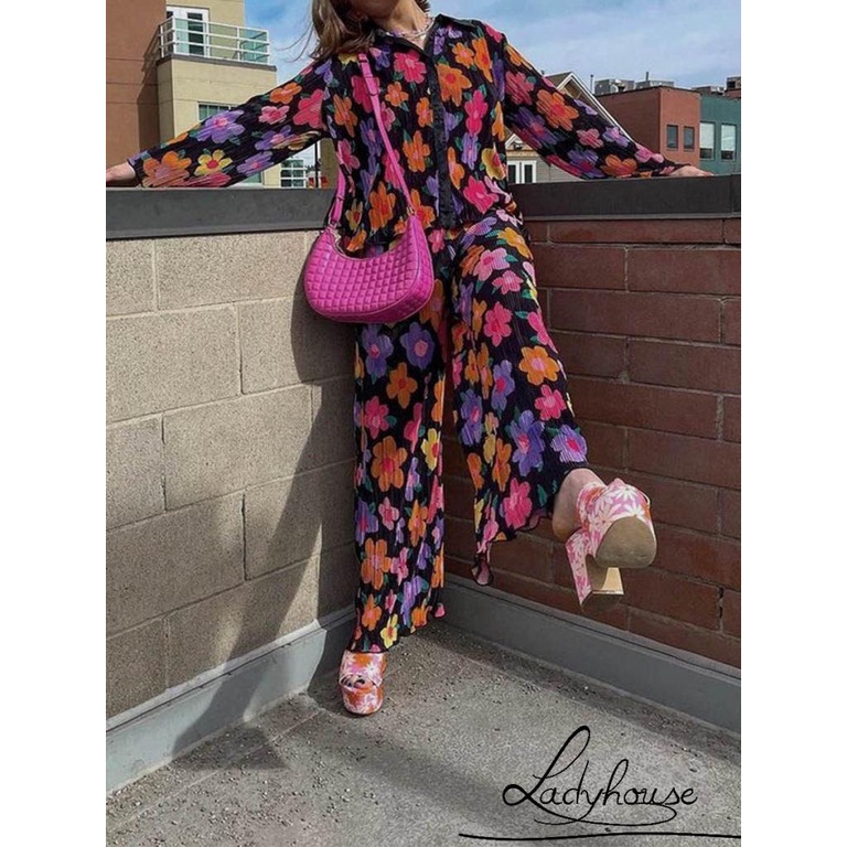 Bộ 2 Món Áo Sơ Mi Tay Dài Cài Khuy In Họa Tiết Hoa / Trừu Tượng Kèm Quần Dài Dáng Rộng Thời Trang Cho Nữ