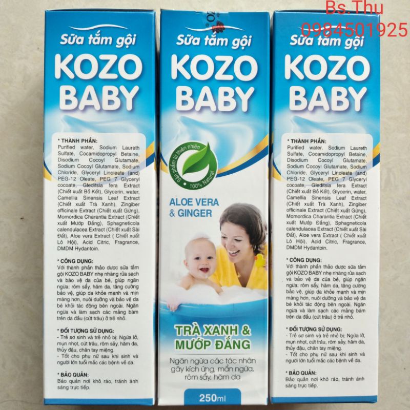 Sữa tắm gội thảo dược KOZO BABY chiết xuất trà xanh và mướp đắng chai vòi 250ml