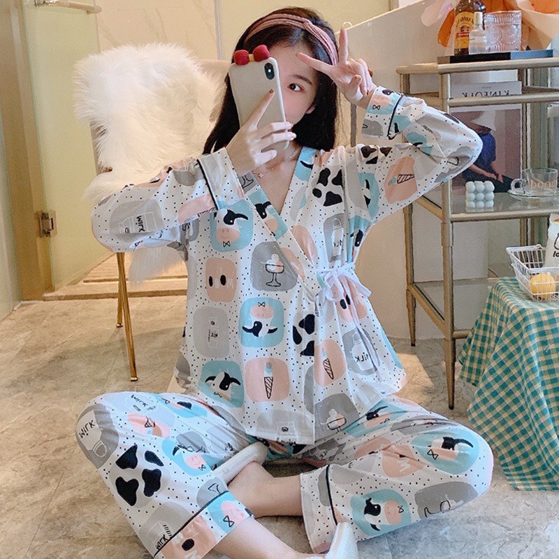 Bộ đồ ngủ pyjama có dây eo họa tiết hình dễ thương chất liệu thun sữa mềm mịn