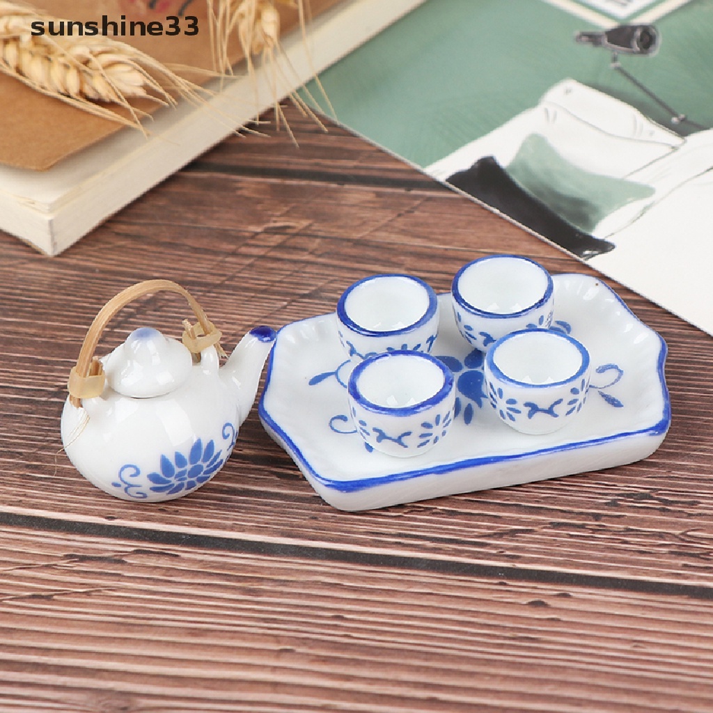 Set 6 món mô hình đĩa bình tách trà gốm xanh lam gợn sóng cho nhà búp bê