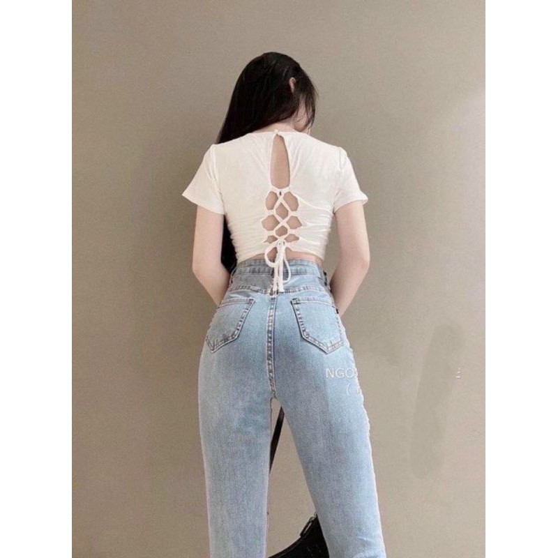 Áo Croptop Ngắn Tay Đan Dây Lưng Chất Cotton G8-1 Laca Store, áo crt hở lưng sau