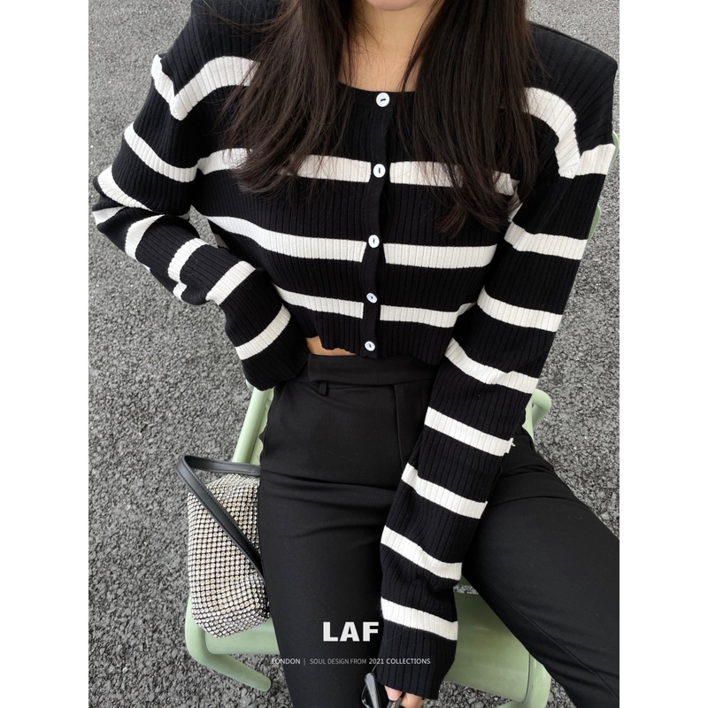 Áo cardigan ZHELIHANGFEI dệt kim kẻ sọc trắng đen lưng cao dáng ôm trẻ trung quyến rũ thời trang cho nữ