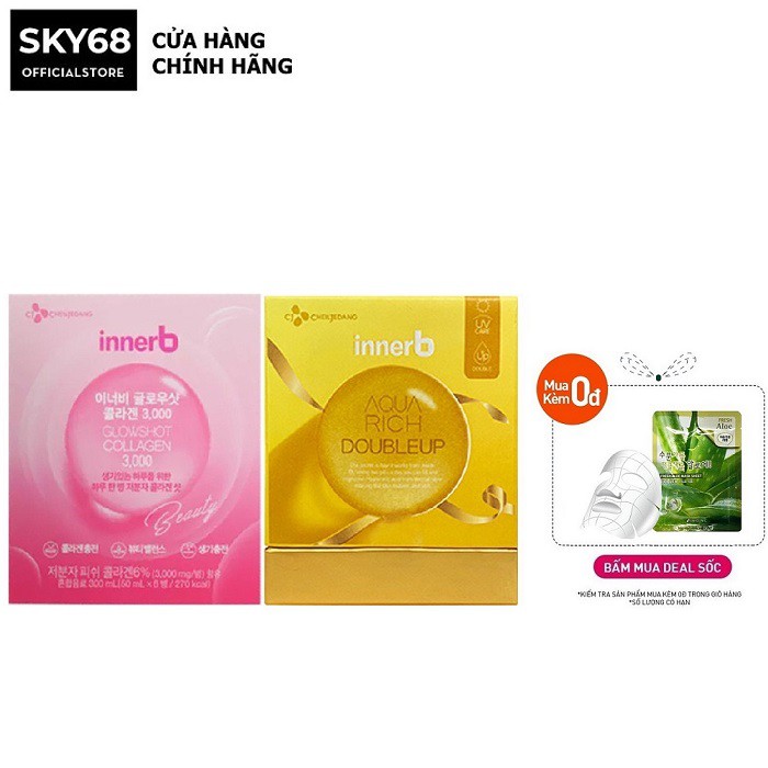 Bộ đôi cấp ẩm, làm sáng đẹp da Innerb Aqua Rich lọ 70 viên&nước uống Collagen hộp 6 chai