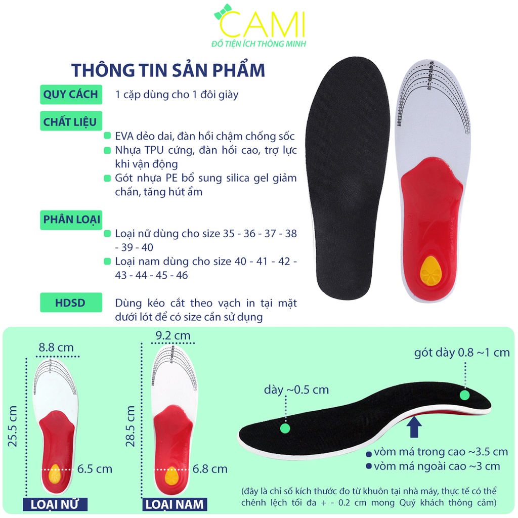Lót giày EVA vòm cao giảm mỏi lòng bàn chân bị bẹt và có đệm chống thốn gót chân - Cami - V01PK179
