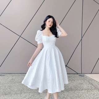 Váy gấm cổ vuông xòe ngắn tay V685 KYMIE
