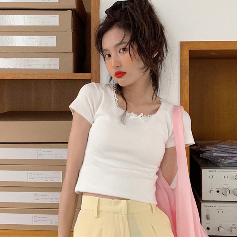Áo Dệt Kim Ngắn Tay Cổ Vuông Màu Trơn Kiểu Hàn Quốc Xinh Xắn Cho Nữ