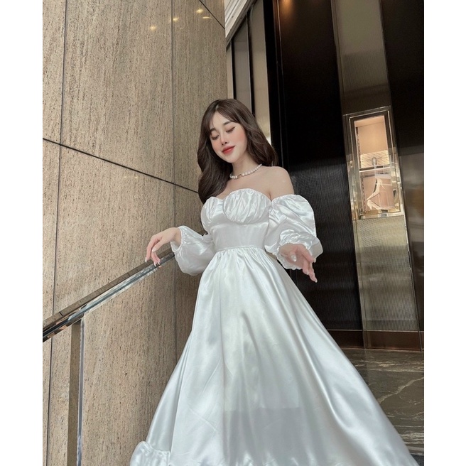 Đầm váy phi satin trắng dài xoè nhẹ cúp ngực hở/bẹt/trễ/rớt vai, thời trang tiểu thư sang trọng quý phái đi chơi dự tiệc