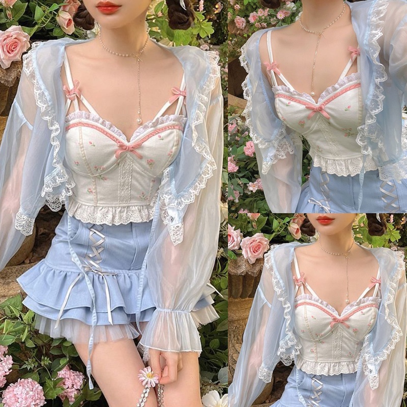 Áo lửng hai dây viền ren/ áo khoác quyến rũ cho nữ tùy chọn
