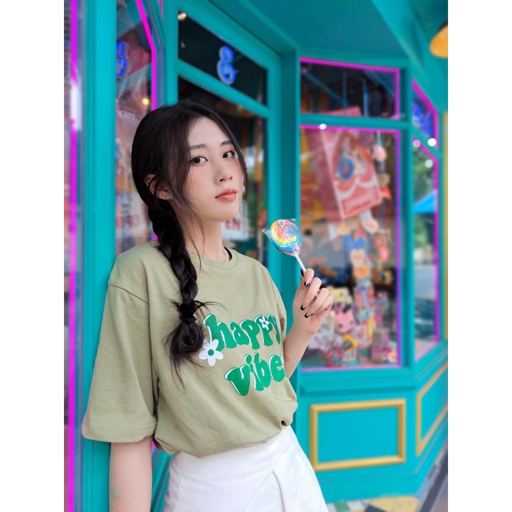 Áo thun oversize tay lỡ áo phông cotton nữ in chữ happy vibes thời trang GAGO màu rêu GA3831