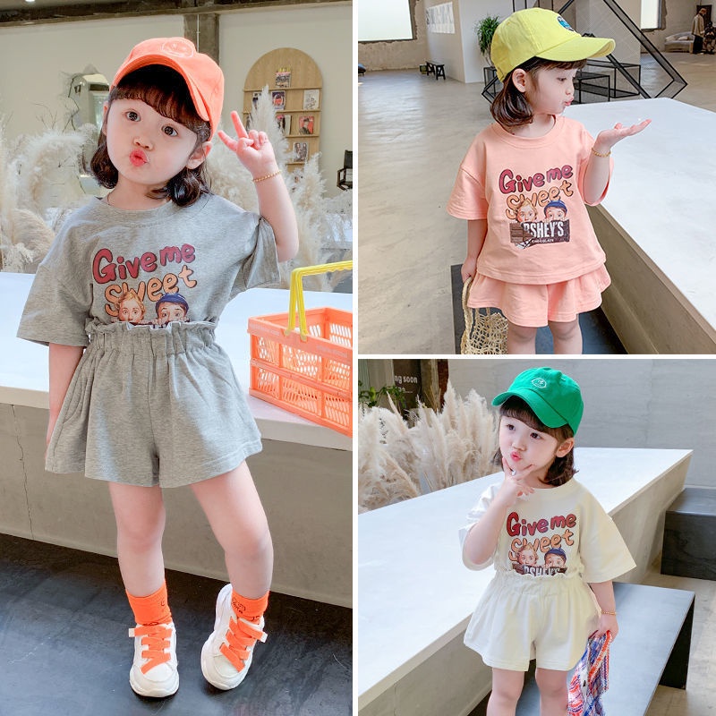 Set Áo Thun Ngắn Tay In Hoạt Hình Và Quần Yếm Phong Cách Hàn Quốc Cho Bé Gái