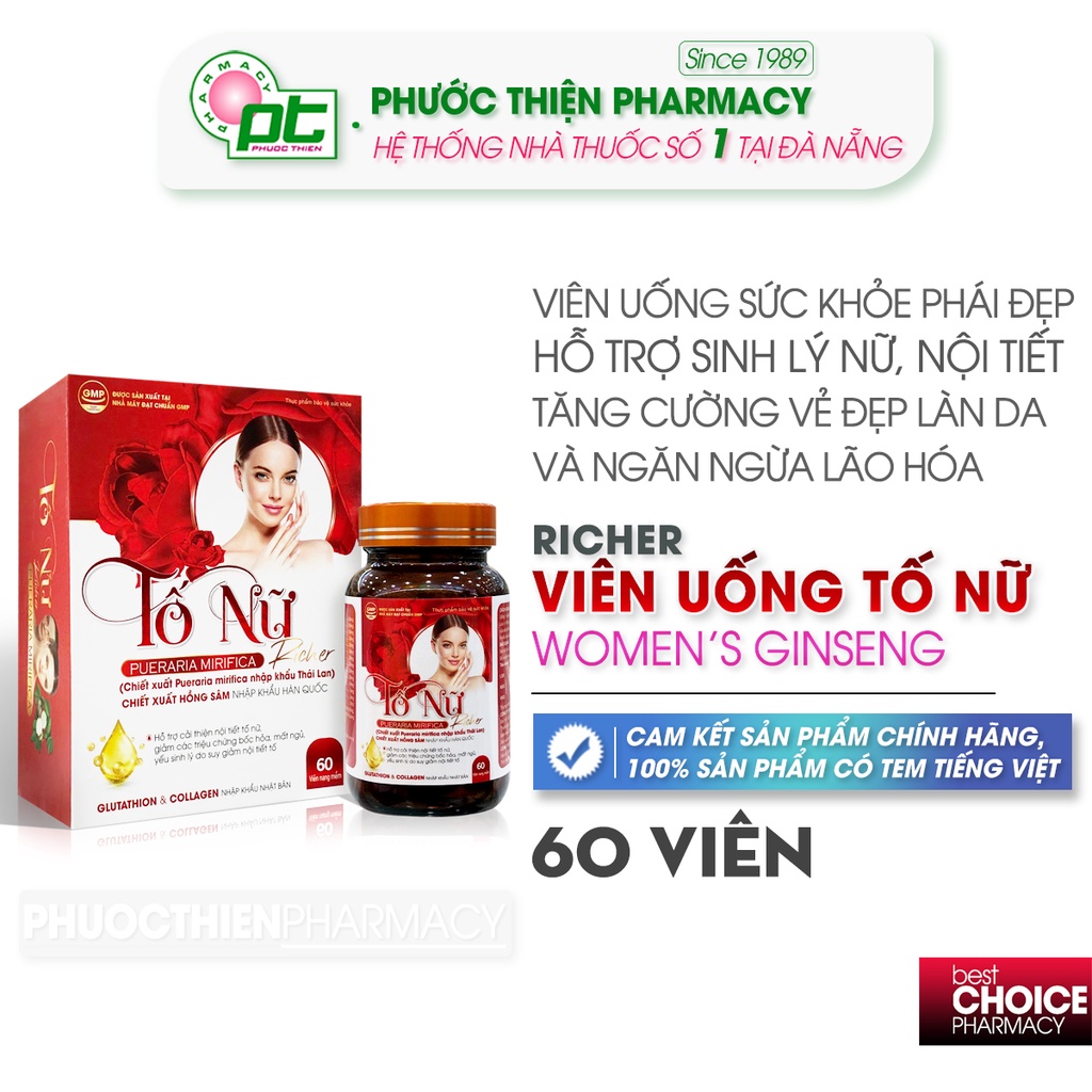Sâm Tố Nữ Richer hỗ trợ nội tiết tố nữ, đẹp da, ngăn lão hóa, cải thiện sinh lý nữ lọ 60 viên