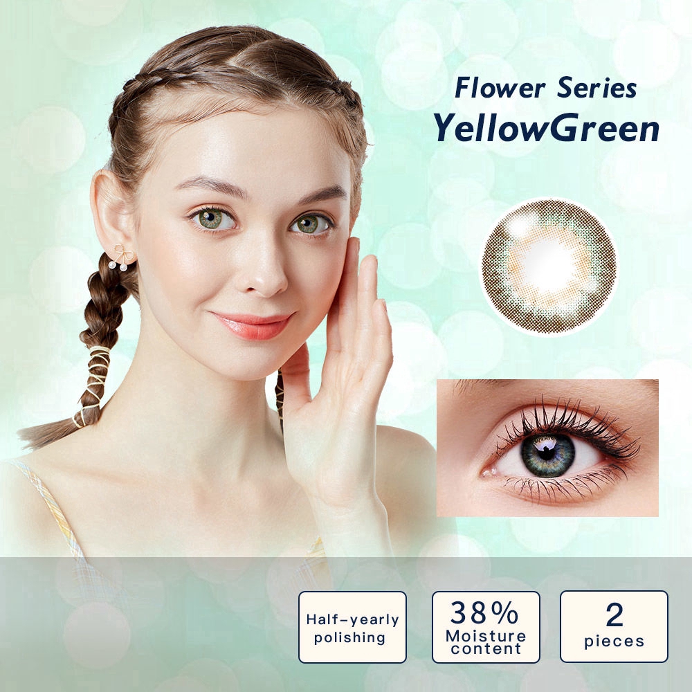 Bộ 2 chiếc kính áp tròng EllieCoo màu vàng xanh lá cây thuộc dòng Flower thời trang sử dụng trong nửa năm