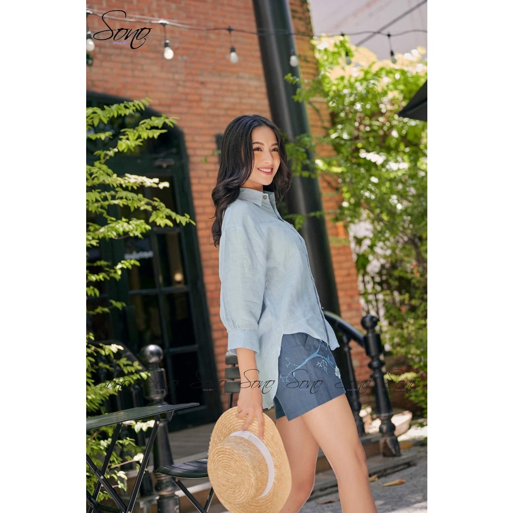 Sono - Quần Short Linen Xanh Thêu Cá Tính Siêu Xịn Xò Cho Các Nàng Diện Dạo Phố