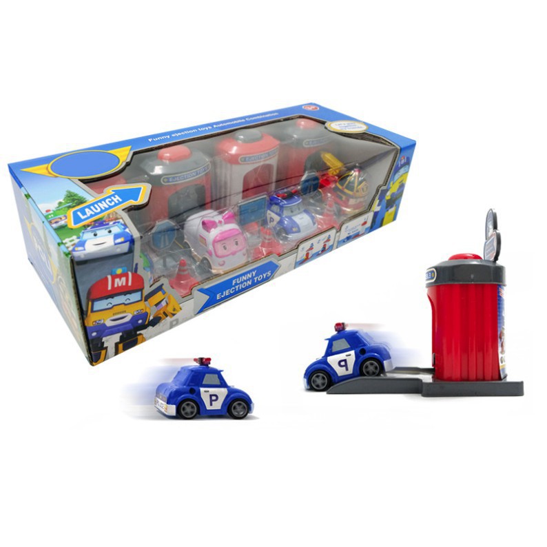 Bộ 4 xe ô tô Robocar Poli Bộ và 4 nhà đẩy đồ chơi trẻ em xe chạy bằng cót
