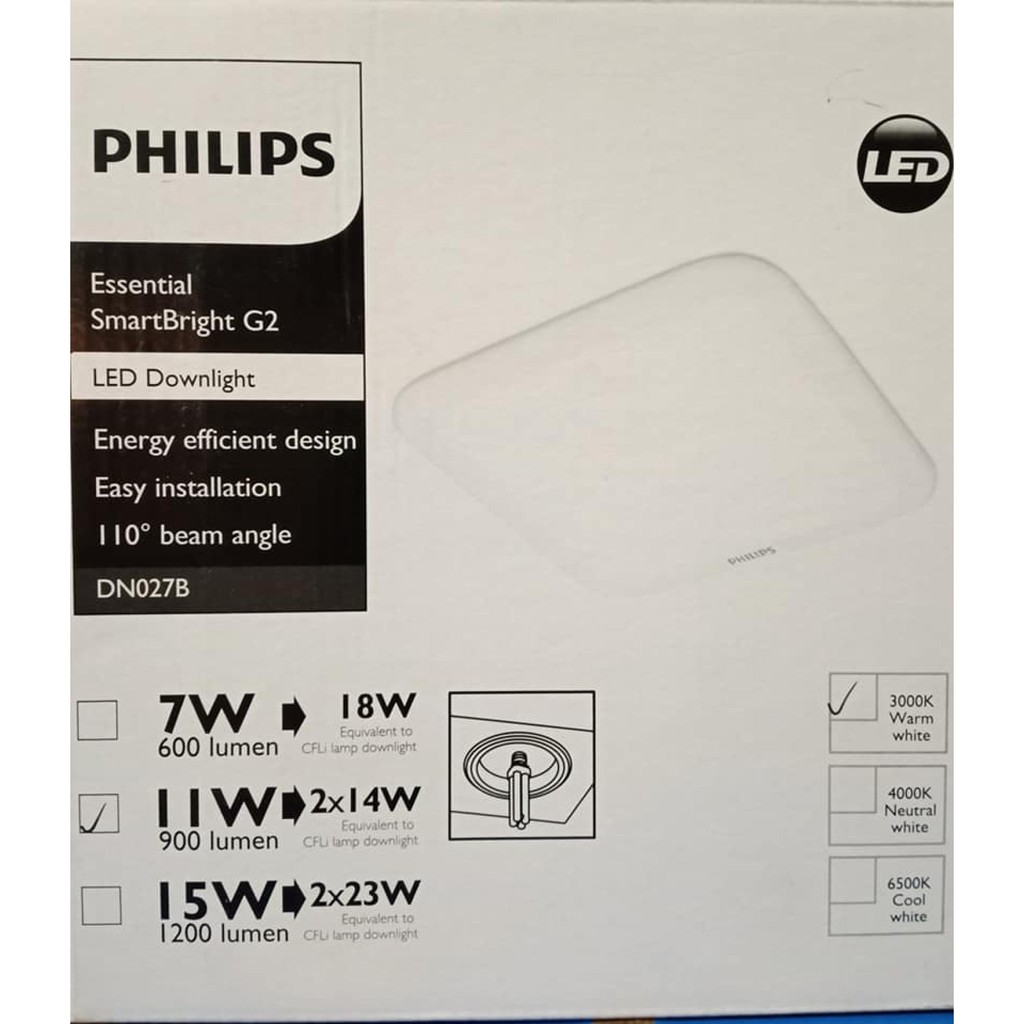 Bộ downlight LED âm trần Vuông Philips DN027B LED9 L150  11W trắng, vàng, trung tính