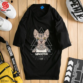 Áo thun nam tay lỡ DT302 Mèo Gangster Trước Ngực [40kg-110kg] 100% Cotton