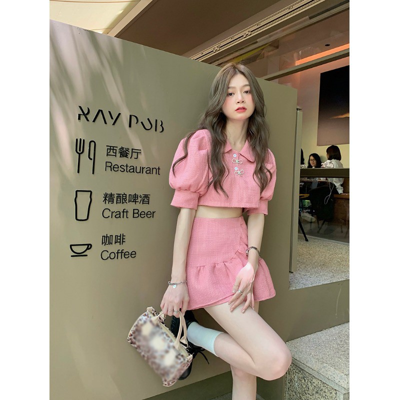Set áo croptop tay phồng + váy phong cách dễ thương mùa hè nữ 2021