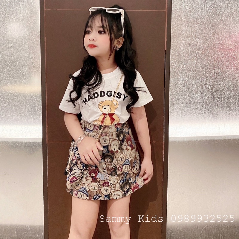 Set áo Phông Quần váy Gấm kèm Túi Gấu trang trí cho bé gái size đại 16-40kg xinh xắn