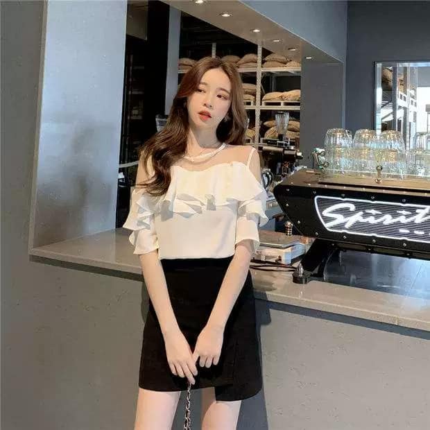 Áo sơ mi nữ pha ren bèo tầng trắng dễ thương