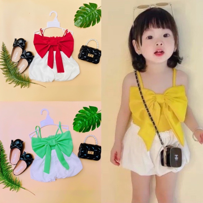 Set Áo 2 Dây Nơ Kết Hợp Quần Bí Siêu Cute Cho Bé