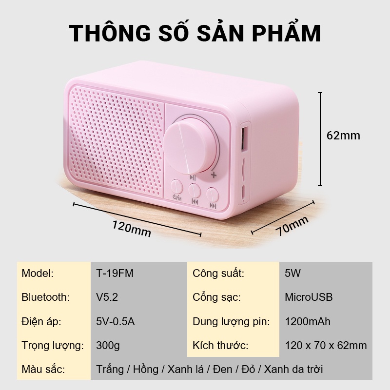 Loa bluetooth 5.2 âm bass mạnh mẽ Cát Thái T-19FM kích thước nhỏ gọn, công suất 5W, phong cách thiết kế cổ điển tinh tế