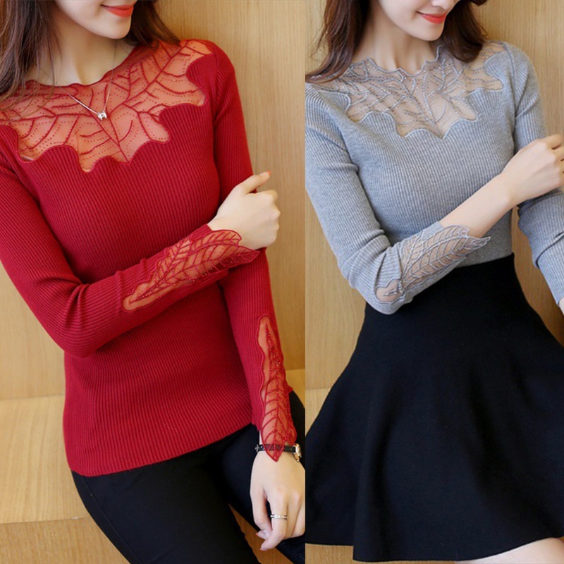 Áo Kiểu Tay Dài Phối Ren Hoa Chất Liệu Co Giãn Thời Trang Dành Cho Nữ