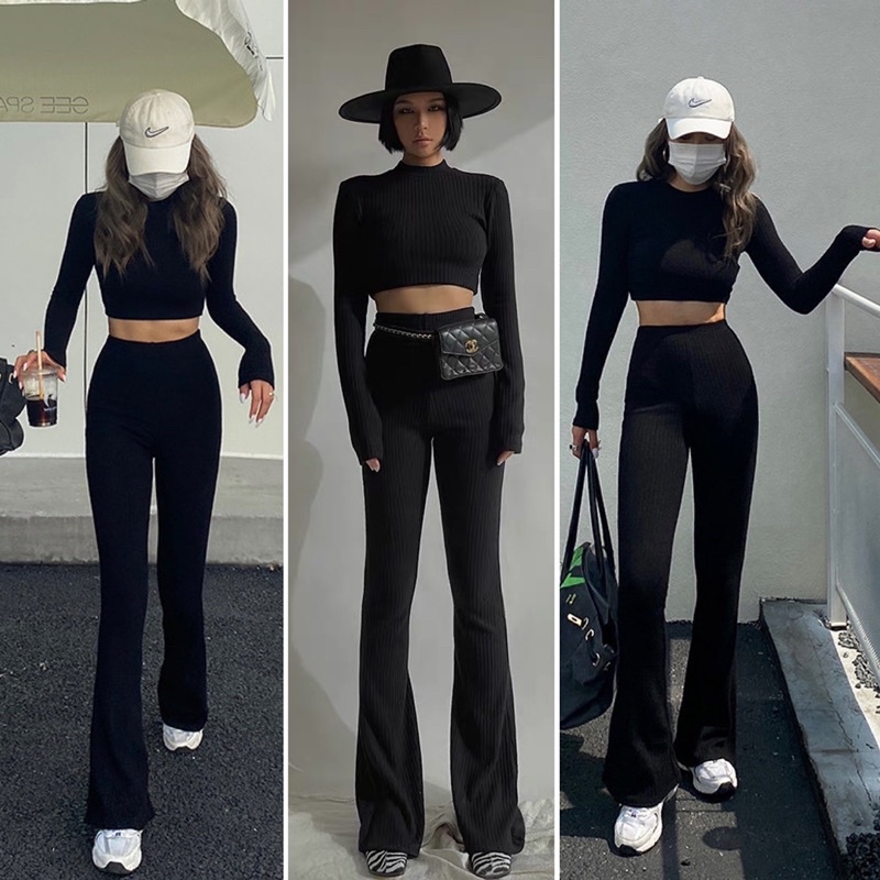 Set Black Uni chất Thun gân mềm gồm áo croptop dài tay với quần Flare Pants chất thun gân mịn độ co giãn cao