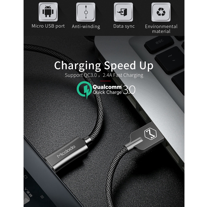 Houbly MCDODO CA-440 Knight Series Anti-Winding Quick Charge 3.0 Micro USB Charging Data Sync USB Cable for Devices with