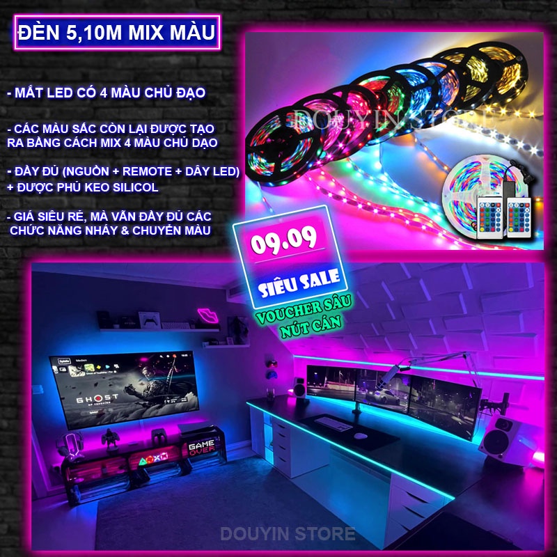 Dây Đèn led RGB 16 triệu màu 5m, 10m, nháy theo nhạc, app điện thoại decor phòng ngủ, gương, quay tiktok