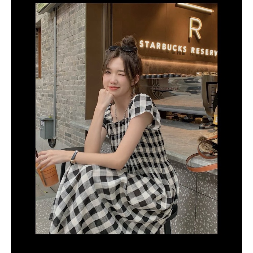 Đầm Caro Thiết Kế Dáng Suông Vải Kate Mềm Mịn Xếp Ly Eo Tôn Dáng Dịu Dàng Ulzzang Cute Hàn Quốc Hot Trend Mới